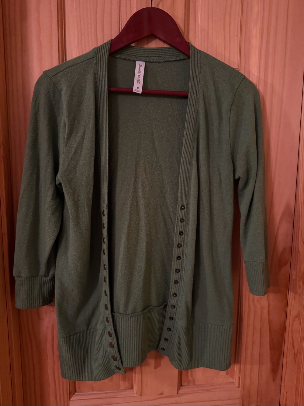 Zenana Outfitters Olive Green Open-Front Cardigan with Button Trim